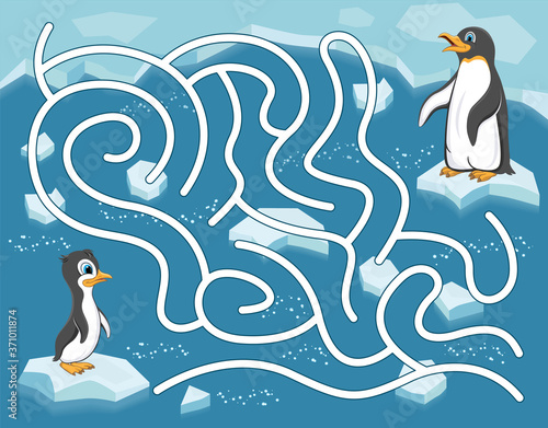 Maze game with penguins on ice floes. Help the baby penguin to get to its mother.