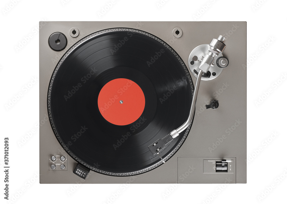 old turntable with lp vinyl record top view. Clipping path Stock Photo
