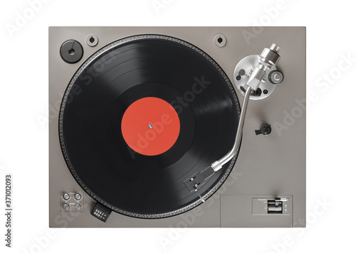 old turntable with lp vinyl record top view. Clipping path photo