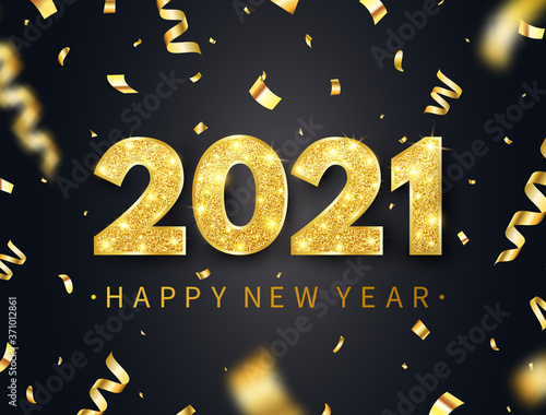 Happy new year 2021 long banner. Holiday background with luxury glitter numbers, confetti, sparkles and stars. Gold festive tinsel. Party design elements. Christmas decoration. Vector illustration