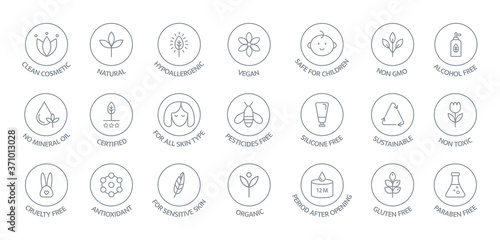 Natural and organic cosmetic line icons big set. GMO free emblems. Organic products badges. Hypoallergenic, safe for children, clean cosmetic, non toxic. Vegan, bio food. Vector illustration