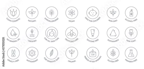 Obraz Natural and organic cosmetic line icons big set. GMO free emblems. Organic products badges. Hypoallergenic, safe for children, clean cosmetic, non toxic. Vegan, bio food. Vector illustration