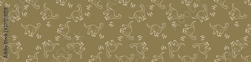 Seamless background cute Apatosaurus and foliage dinosaur gender neutral baby border pattern. Simple whimsical minimal earthy 2 tone color. Kids nursery decor edging fashion ribbon trim.