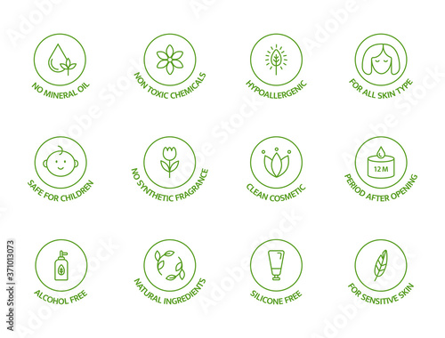 Organic cosmetic line icons set. Natural ingredients badges. GMO free emblems. Hypoallergenic, safe for children, clean cosmetic, non toxic. Vegan, bio food. Vector illustration