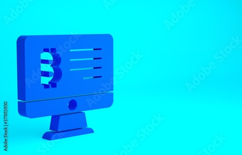 Blue Mining bitcoin from monitor icon isolated on blue background. Cryptocurrency mining, blockchain technology service. Minimalism concept. 3d illustration 3D render.