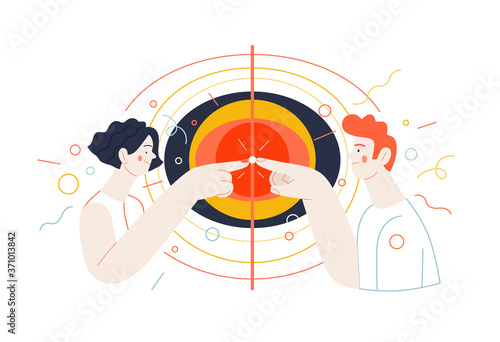 Business topics - connections. Flat style modern outlined vector concept illustration. A young man and woman touching fingers, waves from the point. Business metaphor.