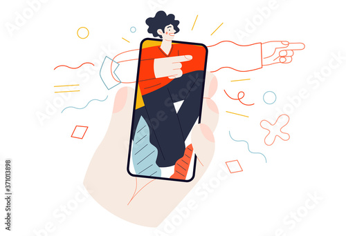 Business topics - mobile application. Flat style modern outlined vector concept illustration. A hand holding a smartphone with a young man inside, pointing the direction. Business metaphor.