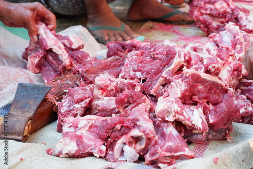Photography Fresh red beef is cut into small pieces to celebrate the Muslim holiday, Eid al-