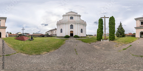 Full seamless spherical hdri panorama 360 degrees angle in small village with decorative medieval baroque style architecture church in equirectangular projection with zenith and nadir. vr content