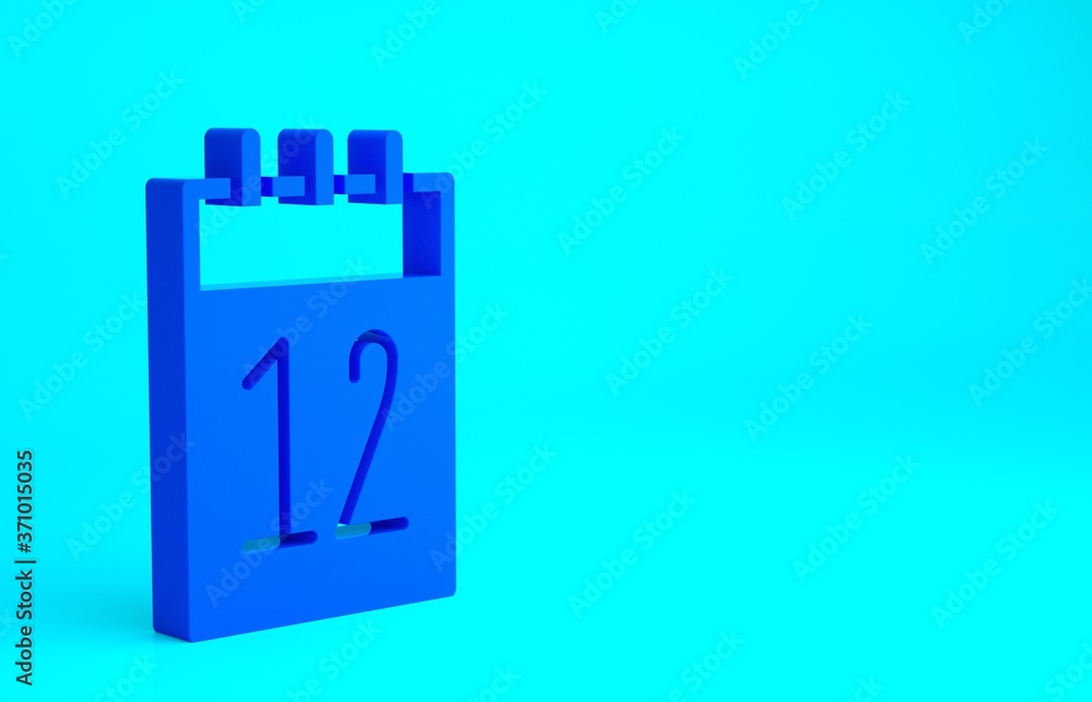 Blue Calendar 12 june icon isolated on blue background. Russian language 12 june Happy Russia Day. Minimalism concept. 3d illustration 3D render.