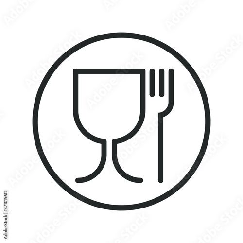 Symbol safe materials contacting with food. Wine glass and fork sign in the circle isolated on white background. Safe food. Vector illustration