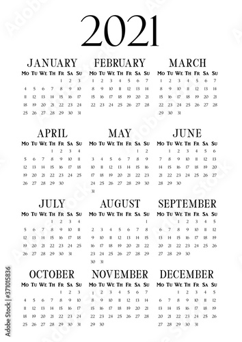 2021 Year Vertical calendar on A4 paper format. Business wall calendar template. 2021 year by months. Classic vertical calendar with serif typography. Week start Monday