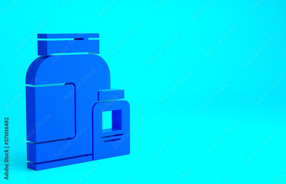Blue Sports nutrition bodybuilding proteine power drink and food icon isolated on blue background. Minimalism concept. 3d illustration 3D render. Blue Sports nutrition bodybuilding proteine power drink and food icon isolated on blue background. Minimalism concept. 3d illustration 3D render.