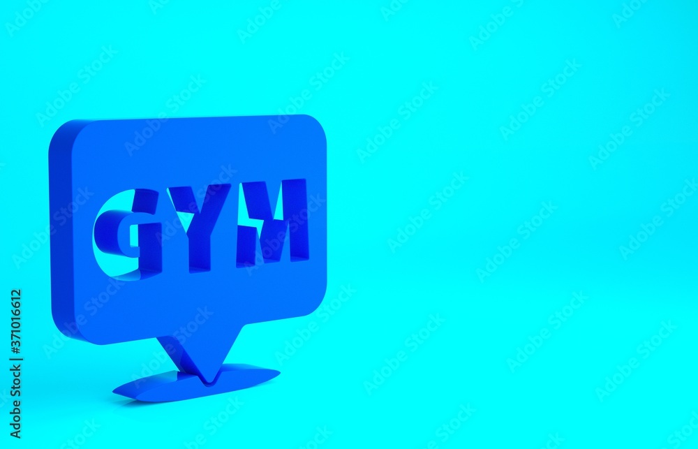 Blue Location gym icon isolated on blue background. Minimalism concept. 3d illustration 3D render. Blue Location gym icon isolated on blue background. Minimalism concept. 3d illustration 3D render.