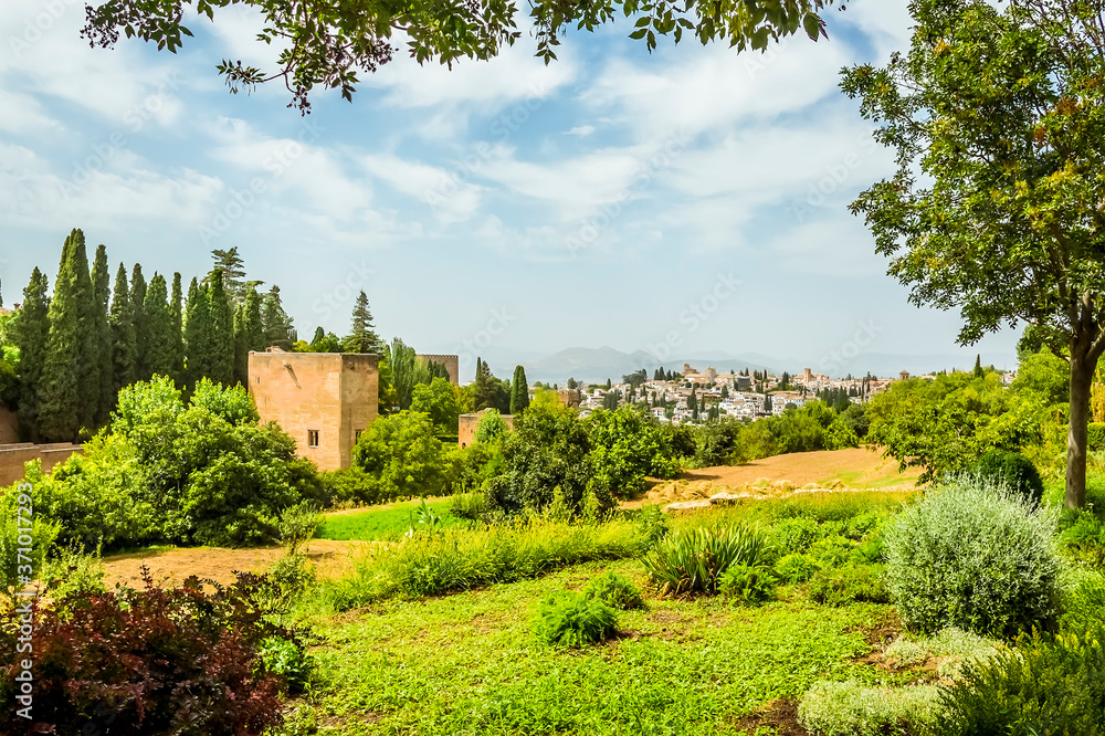 A view from the upper reaches of Alhambra district, Granada, towards the Albaicin District in the summertime