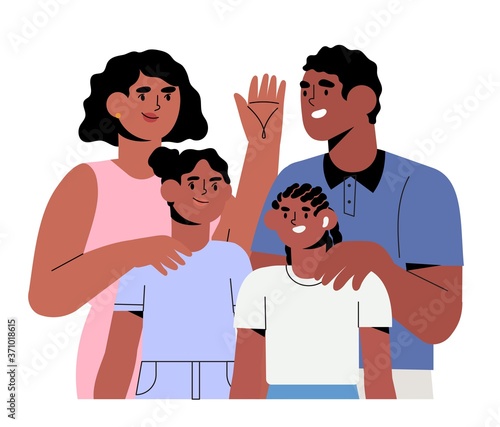 Happy smiling family members spending time together at home. Mother, father and children. Cute cartoon characters isolated on white background. Flat vector illustration of parents and children.
