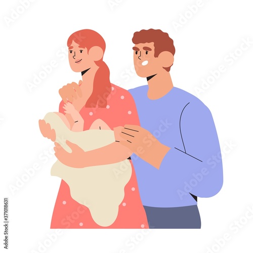Mother feeding a newly born child or baby with breast while husband or father stand hugging them. Happy healthy family and young parents concept. World Breastfeeding Week vector illustration.