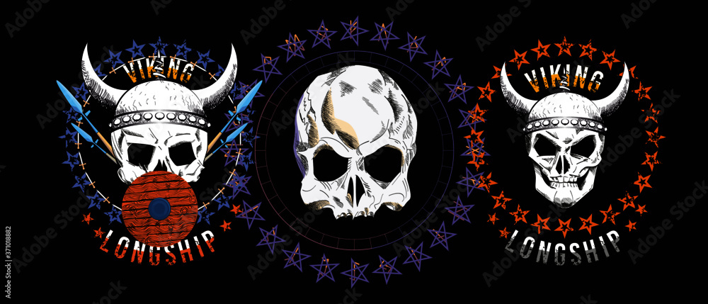 Set of three illustrated skulls. Vector drawings of heads for t-shirts or posters. Set of three illustrated skulls. Vector drawings of heads for t-shirts or posters.