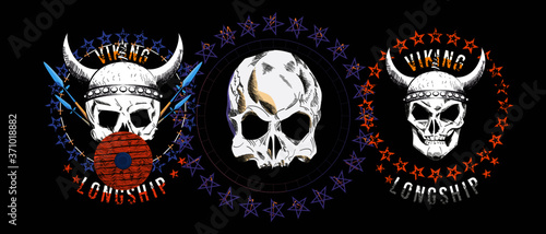 Set of three illustrated skulls. Vector drawings of heads for t-shirts or posters.