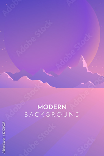 Futuristic  cosmic  fantastic landscape. Planet on a background of mountains. Moon and stars. Abstract landscape  Vector banner with polygonal landscape illustration  Minimalist style