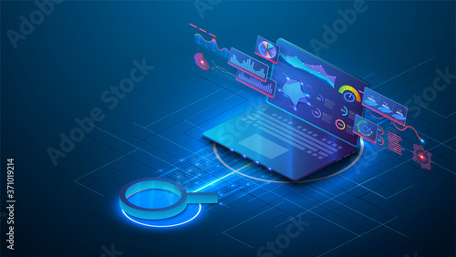 Data analysis, SEO vector isometric background. Optimization process of internet search results for online visibility of website. Magnifier and open laptop with charts and graphs on the screen. Banner