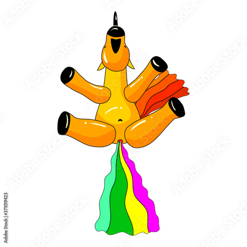 Unicorn pooping a rainbow, fantasy cute character beast multicolored shit turd. Vector illustration isolated cartoon style