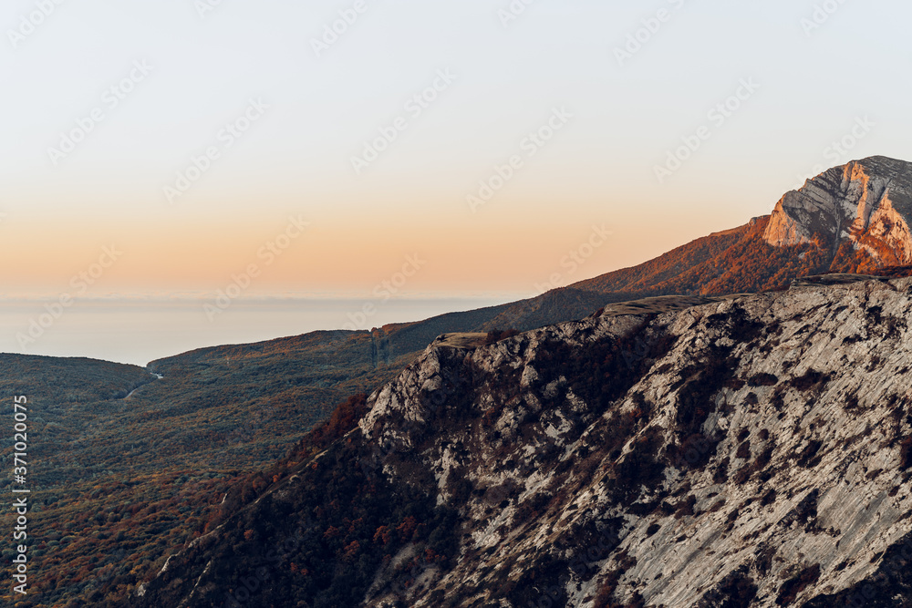 Landscape of Crimean mountains on dusk in autumn