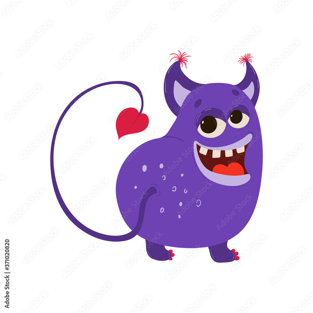 Funny purple monster in cartoon style. Children's illustration with cute characters isolated on white background. Vector Funny purple monster in cartoon style. Children's illustration with cute characters isolated on white background. Vector