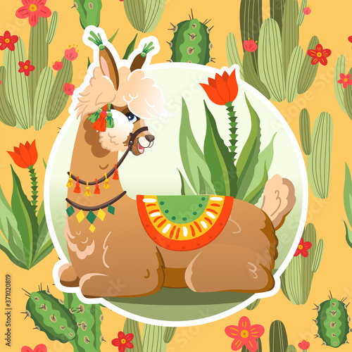Illustration with llama and cactus plants. Vector seamless pattern on botanical background. Greeting card with Alpaca.