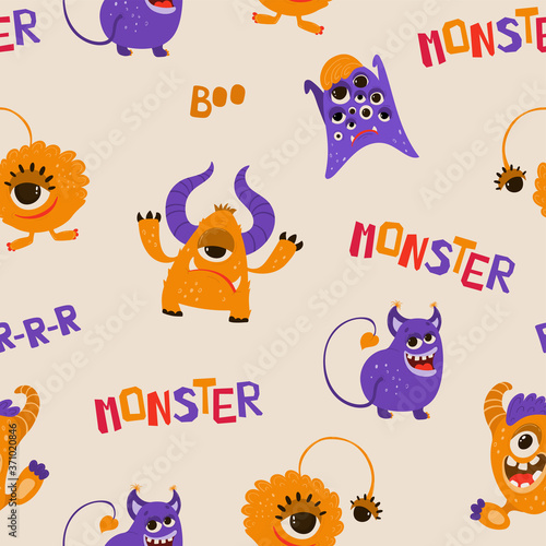 Seamless pattern with funny monsters in cartoon style. Children s background with cute characters for fabric design  Wallpaper  wrapping paper. Vector