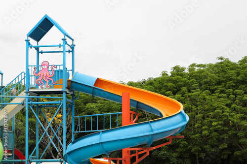 Colorful water slides in the water park.