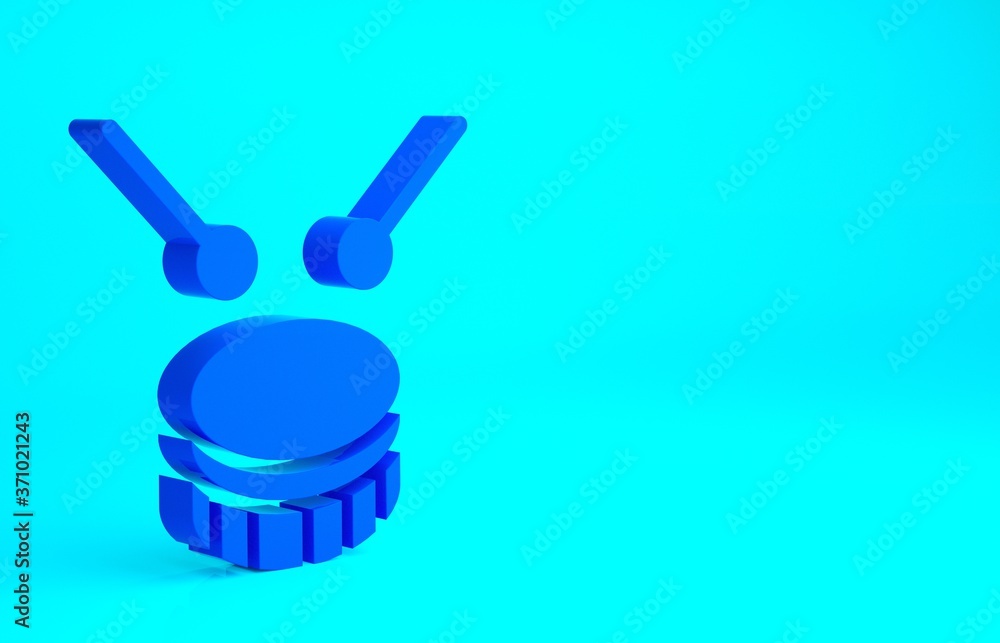 Blue Drum with drum sticks icon isolated on blue background. Music sign. Musical instrument symbol. Minimalism concept. 3d illustration 3D render. Blue Drum with drum sticks icon isolated on blue background. Music sign. Musical instrument symbol. Minimalism concept. 3d illustration 3D render.