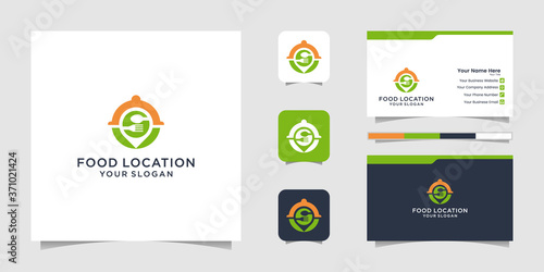Food location logo design, with the concept of a pin and business card