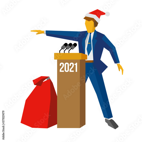 New Year 2021 concept - speaker at podium in Santa hat