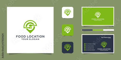 Food location logo design, with the concept of a pin and business card