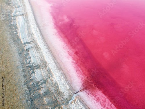 Top view of a pink lake and the shore is covered with a rough layer of salt.