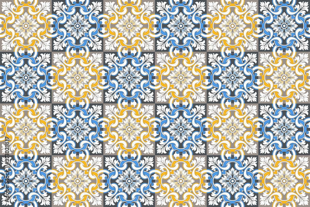 Seamless pattern with portuguese tiles. Vector illustration of Azulejo on white background. Mediterranean style. Multicolor design. Seamless pattern with portuguese tiles. Vector illustration of Azulejo on white background. Mediterranean style. Multicolor design.