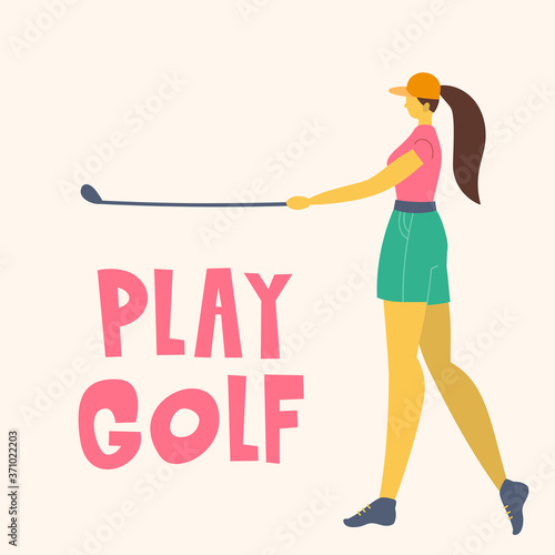 Professional Woman golfer hits the ball with a club. Vector flat hand drawn illustration. Female athlete playing golf. Girl in sport. T-shirt design. Sportswomen training outdoor. Cartoon character.
