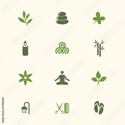 Icon spa set. Vector illustrations with bamboo, candle, towel, slippers, yoga, flower, branch simbols.