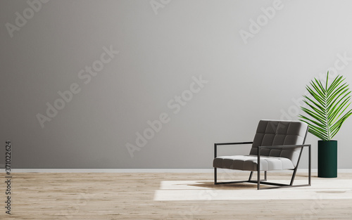 Empty room mock up with gray armchair and green plant, empty gray wall and wooden floor, gray room interior background, scandinavian style, 3d render photo