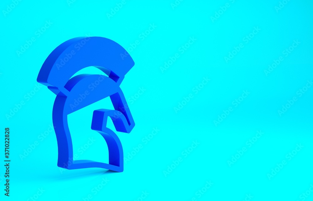 Blue Greek helmet icon isolated on blue background. Antiques helmet for head protection soldiers with a crest of feathers or horsehair. Minimalism concept. 3d illustration 3D render. Blue Greek helmet icon isolated on blue background. Antiques helmet for head protection soldiers with a crest of feathers or horsehair. Minimalism concept. 3d illustration 3D render.