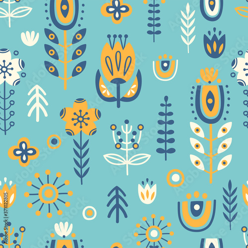 Seamless pattern in scandinavian style with tree  flowers  leaves  branches. Folk art. Vector nordic background with floral ornaments. Home decorations.