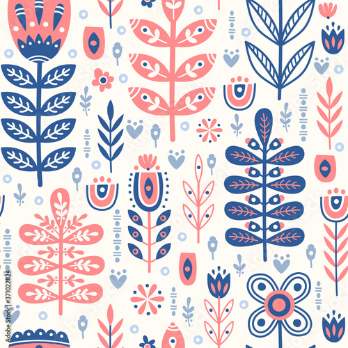 Seamless pattern in scandinavian style with tree, flowers, leaves, branches. Folk art. Vector nordic background with floral ornaments. Home decorations. photo