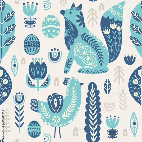 Seamless pattern in scandinavian style with bird and fox, tree, flowers, leaves, branches. Folk art. Vector nordic background with floral ornaments and animal illustrations. Home decorations.