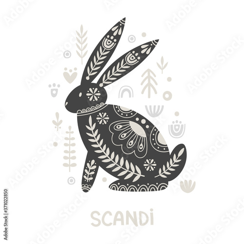 Illustration in scandinavian style with hare and floral elements: flowers, leaves, branches. Folk art. Vector nordic background with ornaments. Home decorations. Black and white.