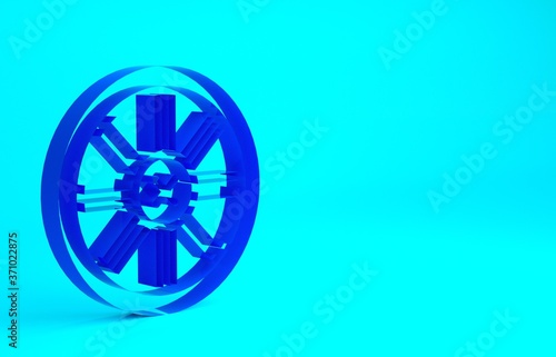 Blue Old wooden wheel icon isolated on blue background. Minimalism concept. 3d illustration 3D render.