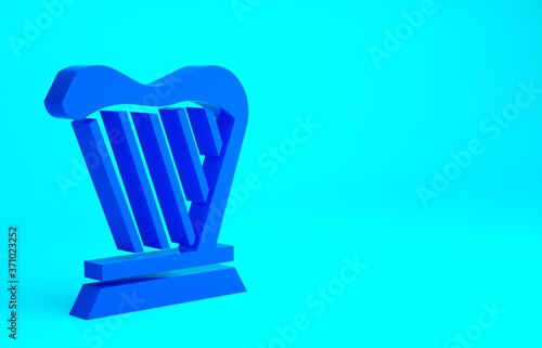 Blue Harp icon isolated on blue background. Classical music instrument, orhestra string acoustic element. Minimalism concept. 3d illustration 3D render.