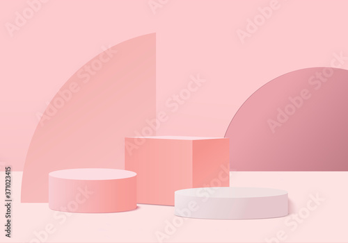 Cylinder abstract minimal scene with geometric platform. Summer background vector 3d rendering with podium. stand to show cosmetic products. Stage Showcase on pedestal modern 3d studio pink pastel