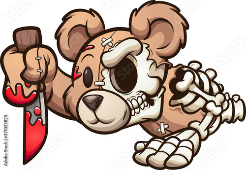 Creepy Teddy bear crawling and holding a bloody knife. Vector clip art illustration. All on a single layer. 