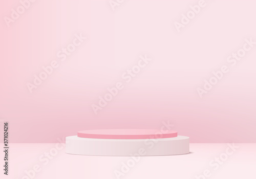 Cylinder abstract minimal scene with geometric platform. Summer background vector 3d rendering with podium. stand to show cosmetic products. Stage Showcase on pedestal modern 3d studio pink pastel